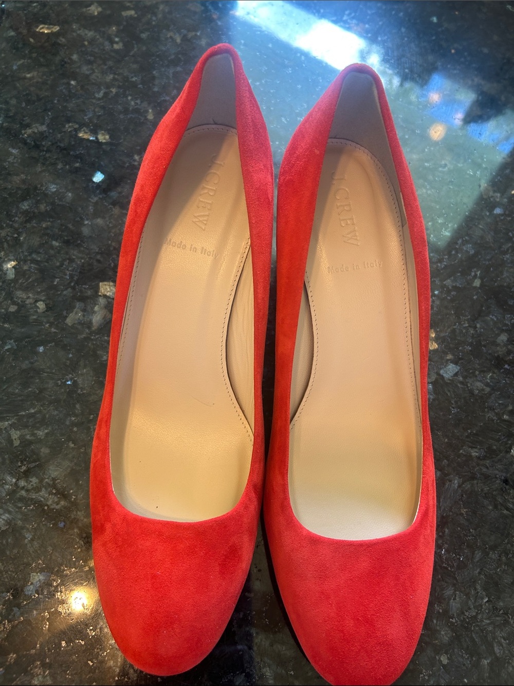 J. Crew Red Suede Round-Toe & Lucite heel. Made in Italy never worn. no box